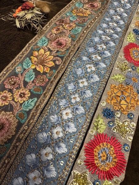 インド刺繍リボン おすそ分け ハンドメイド資材 リボン セット売り 50cm×3本 ひまわり風 ブルー