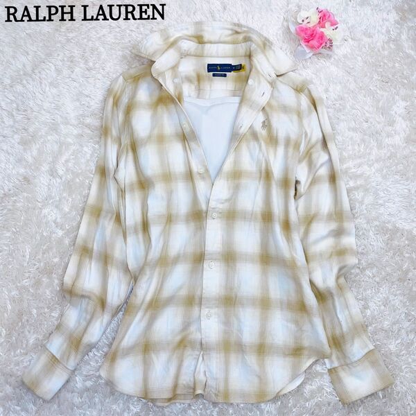 RALPHLAUREN ラルフローレン オンブレチェックシャツ 長袖 現行タグ QRタグ ポニー刺繍 コットン100% 綿 M.