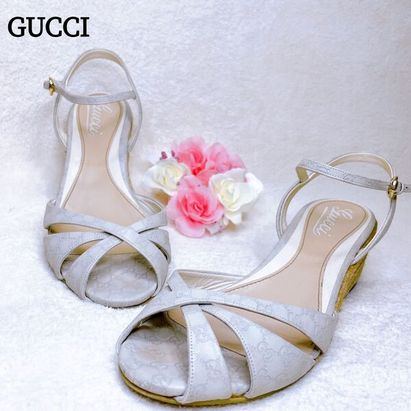 GUCCI グッチ ウェッジサンダル オープントゥ GG柄 グレージュ パンプス 23.5cm
