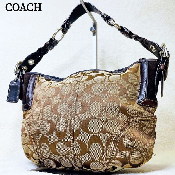 COACH コーチ ワンショルダーバッグ シグネチャー キャンバス レザー 肩掛け ホーボー ブラウン