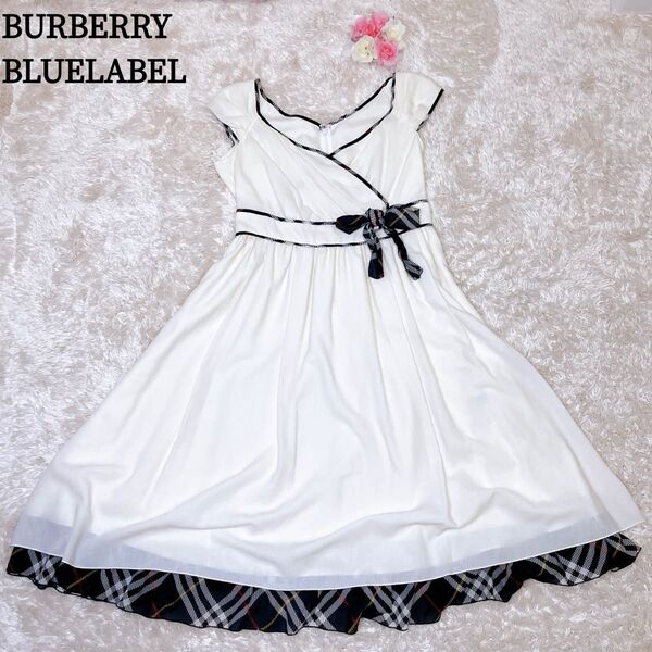 BURBERRY BLUELABEL バーバリーブルーレーベル ノースリーブ ワンピース ドレス 白 ネイビー チェック リボン
