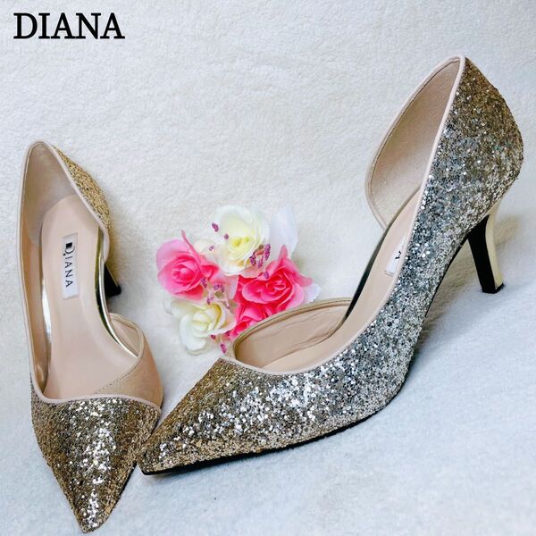 DIANA ダイアナ パンプス ハイヒール ポインテッドトゥ シルバー ゴールド ベージュ グリッター 23.5