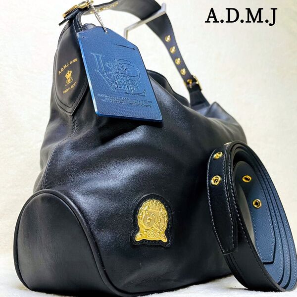 極美品 A.D.M.J エーディーエムジェー トートバッグ ハンドバッグ ショルダー 黒 ブラック レザー