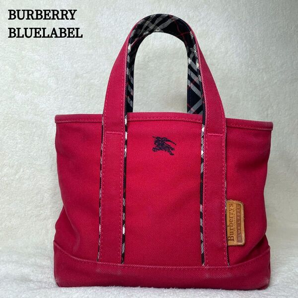 BURBERRY BLUELABEL バーバリーブルーレーベル ミニトートバッグ ハンドバッグ キャンバス ノバチェック 赤