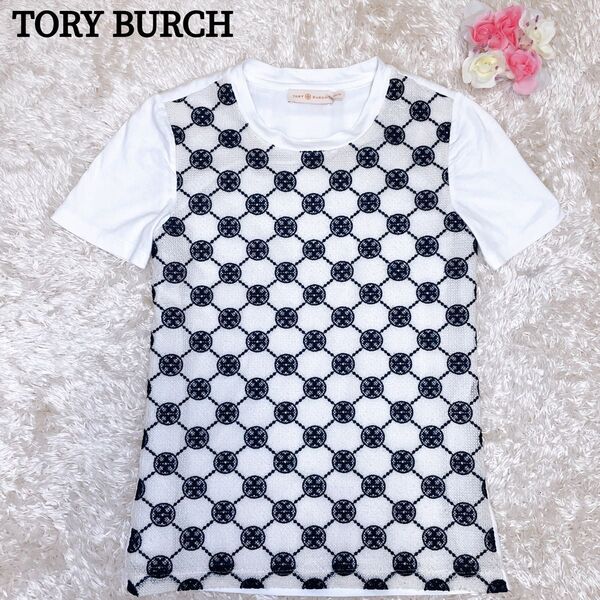 TORY BURCH トリーバーチ Tシャツ カットソー 総柄 ホワイト 半袖 ネイビー