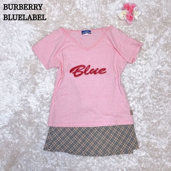 極美品 BURBERRY BLUELABEL バーバリーブルーレーベル 半袖Tシャツ ピンク ノバチェック 38 M