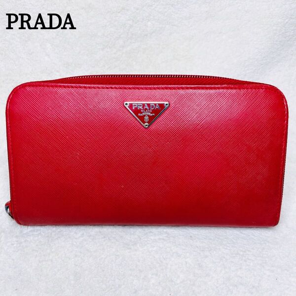 難あり PRADA プラダ 長財布 ラウンドファスナー 三角プレート 三角ロゴ レッド 赤 レザー