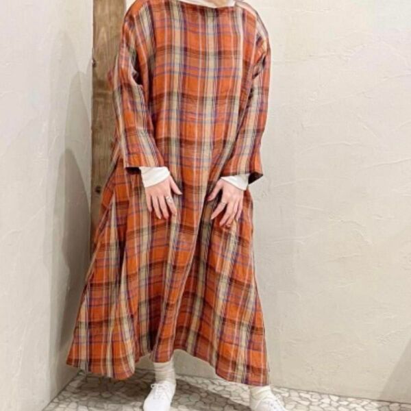 ☆美品☆ネストローブ マドラスチェック ドルマンワンピース リネン ロング nest Robe 洗濯可 マルチカラー 22SS