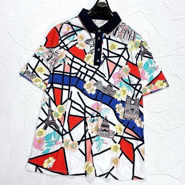 ☆極美品☆レオナール ポロシャツ トリム 花柄 近年モデル ロゴボタン 総柄 LEONARD SPORTS Tシャツ ロゴプリント
