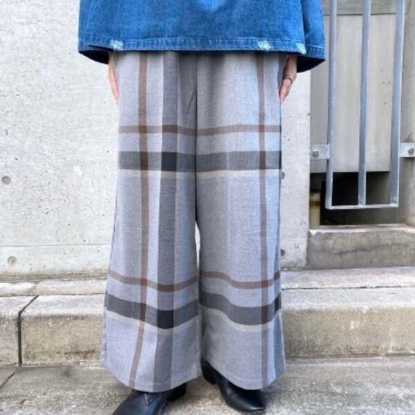 ☆美品☆ビアズリー チェックウエストリブパンツ ワイドパンツ 異素材 切替 BEARDSLEY ウエスト総ゴム イージーパンツ