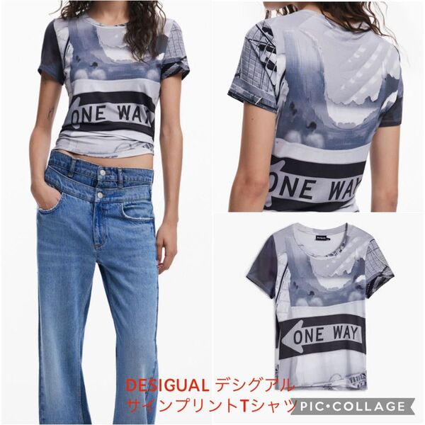 DESIGUAL デシグアル サインプリントTシャツ M 白黒グレー 2025