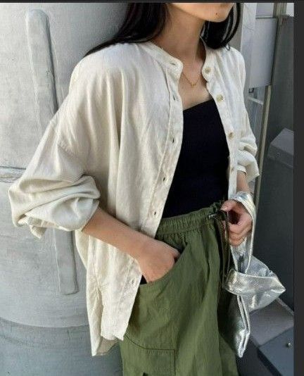 シャツ ブラウス リネンレーヨンバンドカラーBIGシャツ レディース