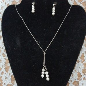 淡水パールと銀925ネックレス&銀925キャッチピアス ハンドメイド 銀925印字