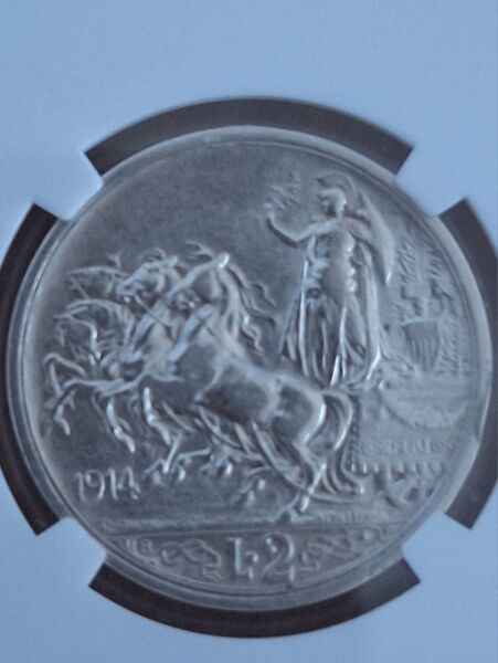 希少品 NGC AU鑑定品1914年イタリア2リラ銀貨クァドリガ エマヌエーレ3世国王 準未使用