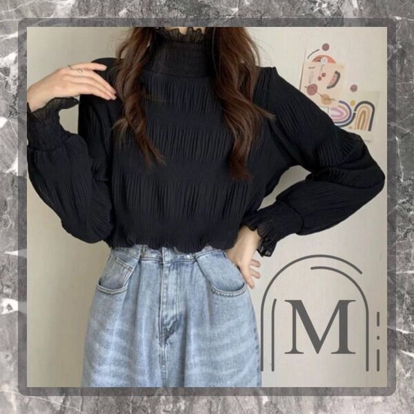 シフォンブラウス 長袖 黒 M シアートップス 春服 フリル袖 シースルー