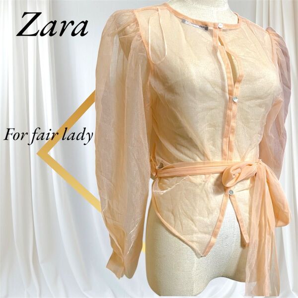 ZARA シースルー カットソー シアートップス リボン ピンク オレンジ 長袖 コスプレ衣装 ベビードール
