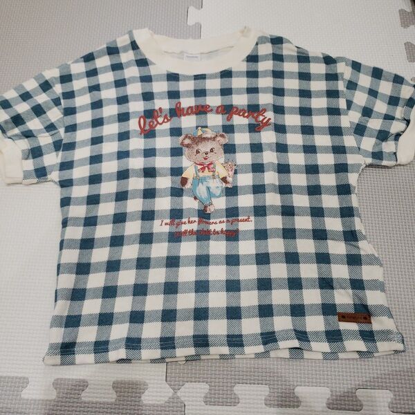 キッズ 120 Tシャツ 半袖 綿100%フタフタ ギンガムチェック ブルー