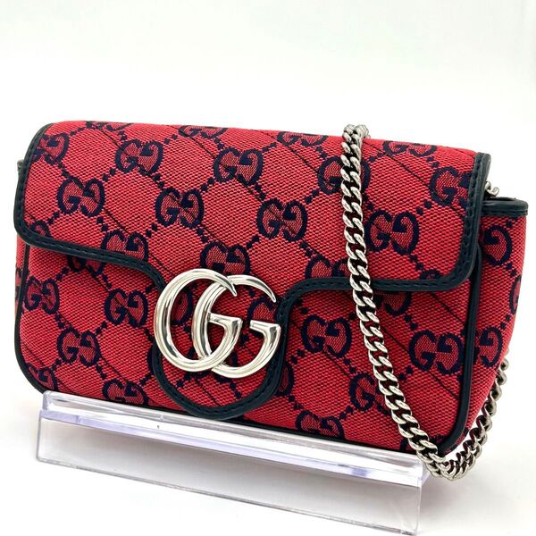 GUCCI グッチ チェーン ショルダーバッグ レディース 限定 GGマーモント レッド キャンバス 斜めがけ キルティング