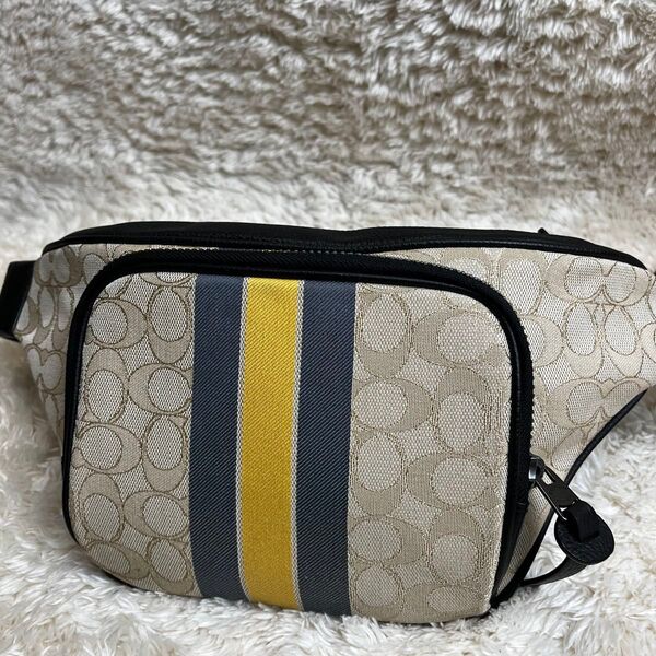 超美品 コーチ COACH ボディバッグ ウエストポーチ シグネチャー 希少 トンプソン ウィズ ヴァーシティ ストライプ ベルト