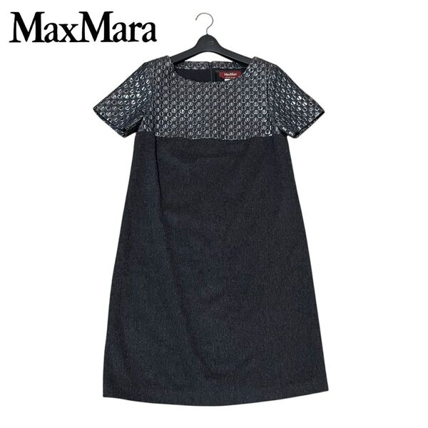 美品 MaxMara マックスマーラ 大きいサイズ 42 イタリア製 アンゴラ ウール 半袖 ワンピース Iライン 美シルエット