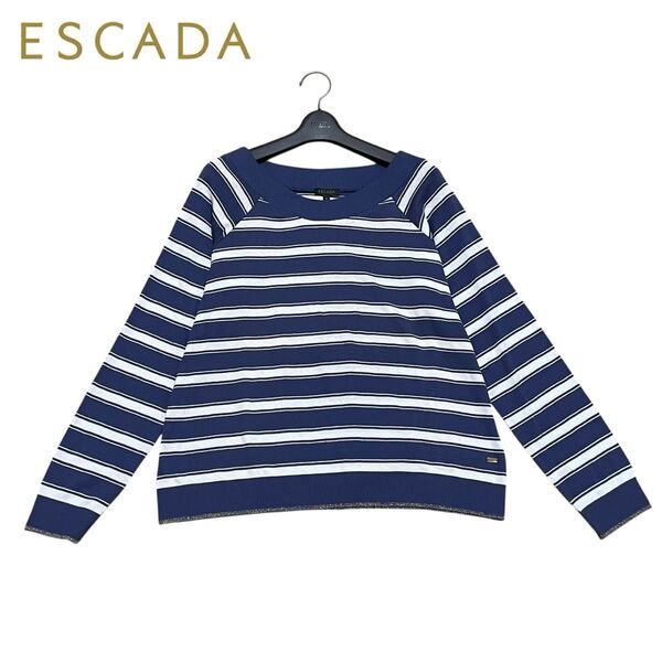 美品 ESCADA エスカーダ ボーダー パンチング 長袖 カットソー プルオーバー 袖裾ラメ入りデザイン ロゴ刻印プレート L