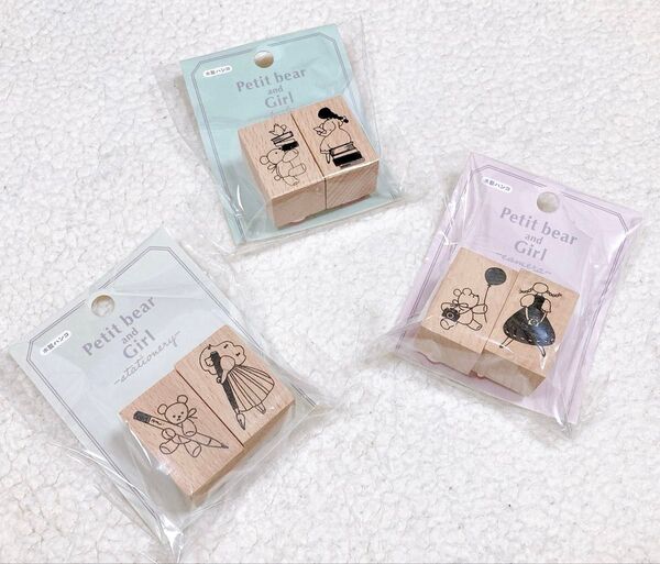 セリア(Seria)×女の子 スタンプ 木製はんこ 3点セット