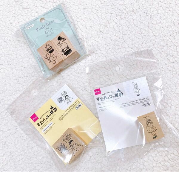 女の子デザイン スタンプ 木製はんこ 3点セット