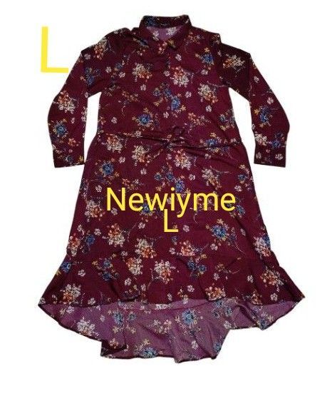 Newiyme 美品 長袖シャツ ロングワンピース Lサイズ ボルドー 花柄 ワンピース フレア 薄手ワンピ