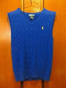 Polo by Ralph Laurenキッズケーブル編みニットベスト青sizeS(8)★200522s9-k-vs古着ラルフローレン子供服USA