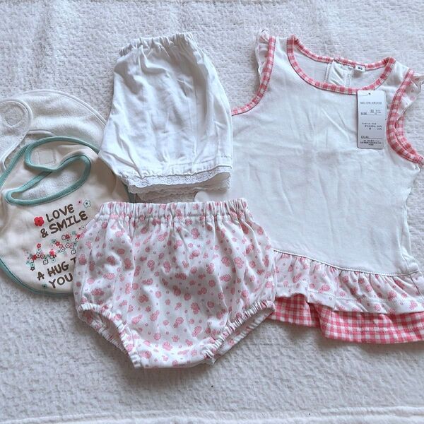 セット売り フリル付きタンクトップワンピース スタイ パンツ 80 女の子 ショーツ 女児ショーツ