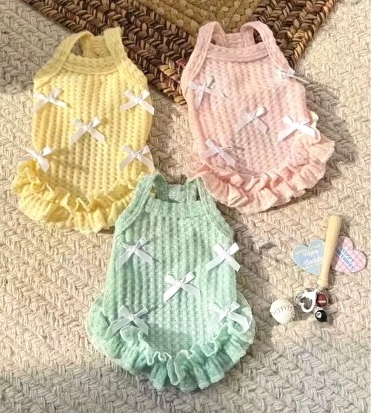 【新品】ペット服 リボンいっぱい可愛いドレス フワフワフリル 優しい色合いのパステルカラーワンピース 春夏秋 柔らか素材♪