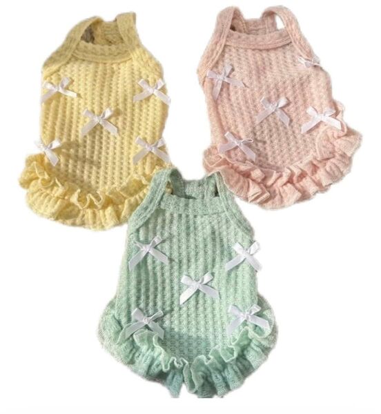 【新品】ペット服 リボンいっぱい可愛いドレス フワフワフリル 優しい色合いのパステルカラーワンピース 春夏秋 柔らか素材♪