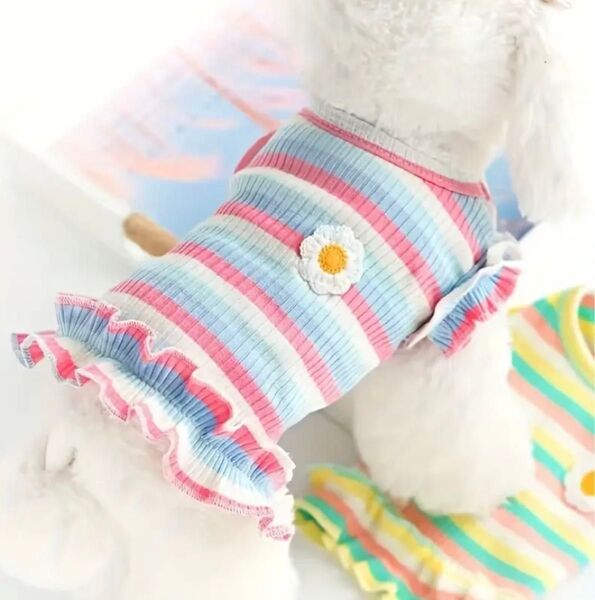【新品】ペット服 通気性夏服 デイジーストライプTシャツドレス ノースリーブペットドレス フリルスカート 通気性 春・夏