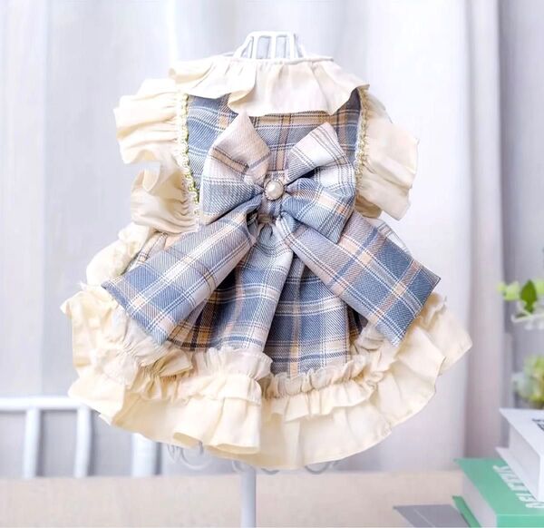 【新品】ペット服 ロリータワンピース ドッグウェア メイド服 リボン チェック柄 可愛いプリンセスドレス オールシーズン