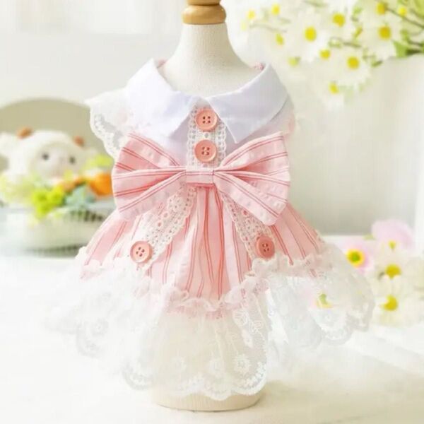 【新品】ペット服 ピンク&ホワイトストライプ プリンセスドレス チュールレーススカート 春夏 可愛いペットウェア
