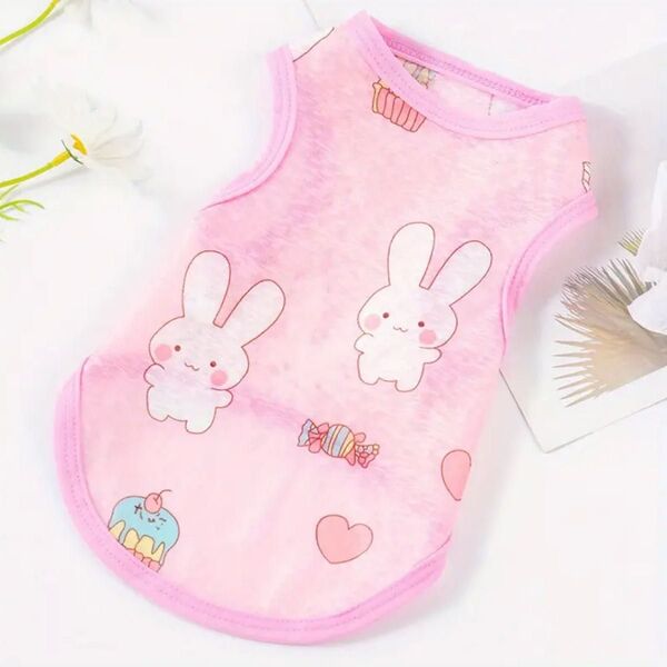 【新品】ペット服 春夏 タンクトップ 可愛いうさぎ柄 ピンク 通気性◎で快適 程よい薄さ