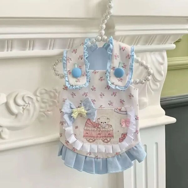 【新品】ペット服 ノースリーブドレス 春夏 通気性◎ フリル裾 小花柄ブルートリム 着せやすいスリップオン