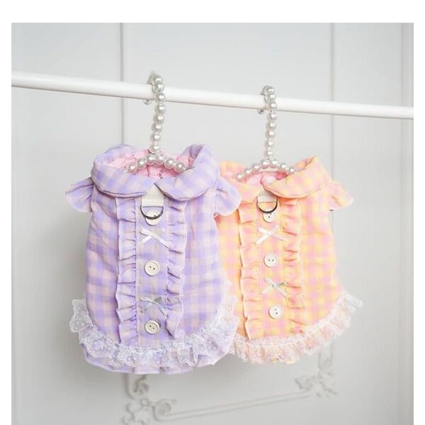【新品】ペット春夏プリンセスドレス ロリポップペット服 ボウボタンシャツ 快適通気性 小型犬・猫 チェック柄レース ライトピンク