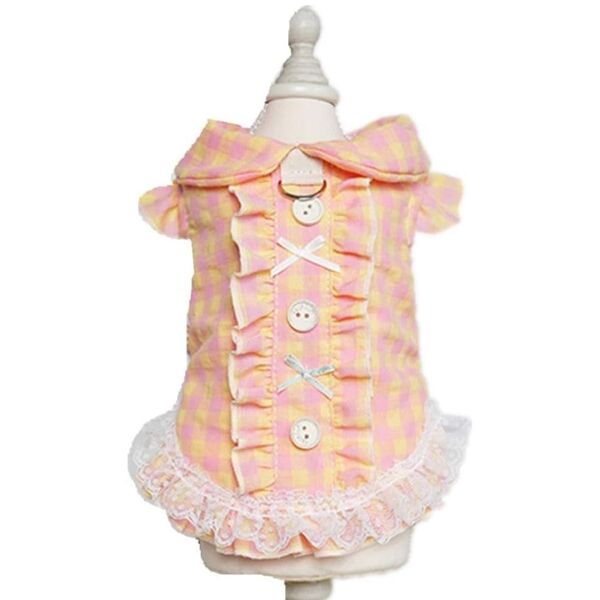 【新品】ペット春夏プリンセスドレス ロリポップペット服 ボウボタンシャツ 快適通気性 小型犬・猫 チェック柄レース ライトピンク