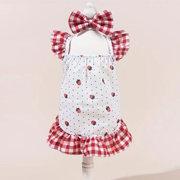 【新品】ペット服 ストロベリー柄&レッドギンガムフリルスリーブ ペットドレス レースフリル 春夏秋 愛らしいペット服