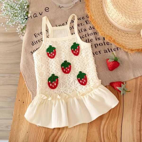 【新品】ペット服 苺レースドレス 春夏に最適 ペッフリルヘムドレス 可愛いストロベリーワンピース 通気性