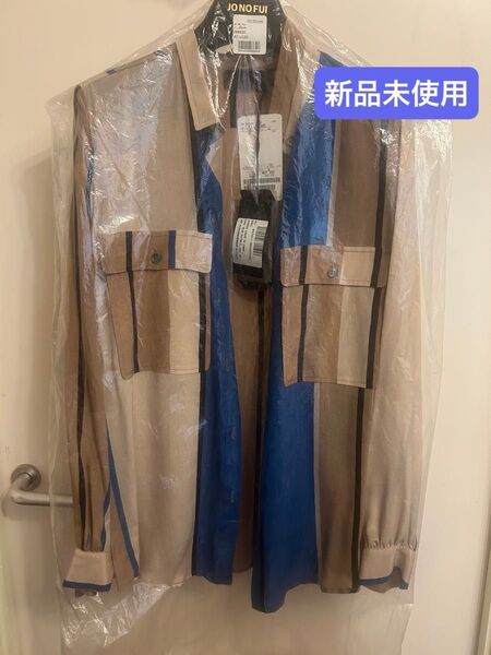 【新品未使用】JONOFUI ストライプ シルク シャツ ブラウス シルク100% 絹 ブルー