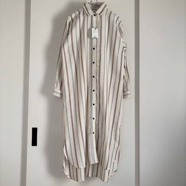 新品 長袖 シャツワンピース ストライプ 薄手 重ね着 ロング丈