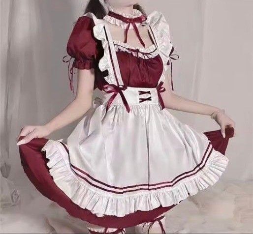 メイド服 コスプレ衣装 コスチューム ナイトウエア 付属品多数 レッド×ホワイト 3XL 大きなサイズ