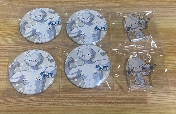 めめ村ポップアップストア ガンマスさん等身缶バッジ4点、アクリルブロック2点