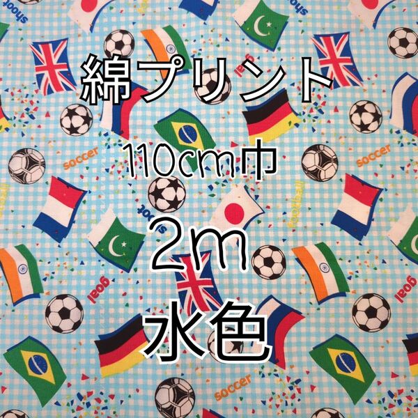 サッカー柄(水色)綿プリント生地 2m
