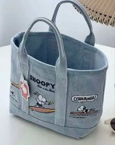 【新品未使用】スヌーピー 刺繍デニムトートバッグ(サーフィン柄)⑨
