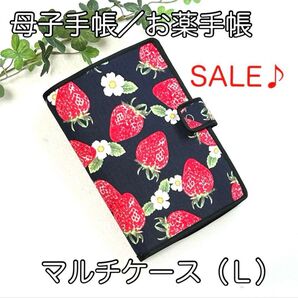 《ハンドメイド》母子手帳、お薬手帳ほか☆マルチケース(L)☆いちご柄
