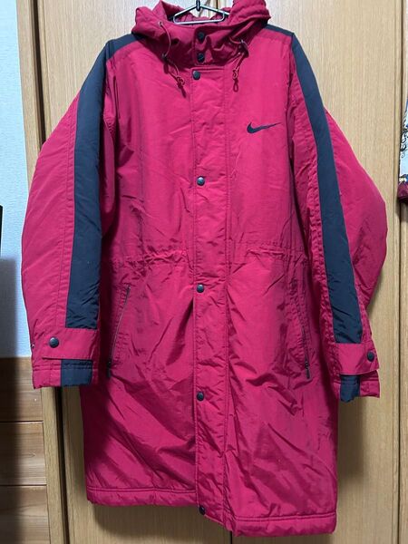 Nike フード付きレッドベンチコート ナイキ オールドナイキ 赤 ベンチコート L ジャケット アウター