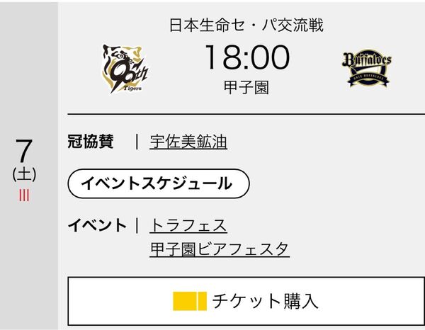 6月7日土曜日阪神vsオリックス 通路側含む2連番レフト外野席